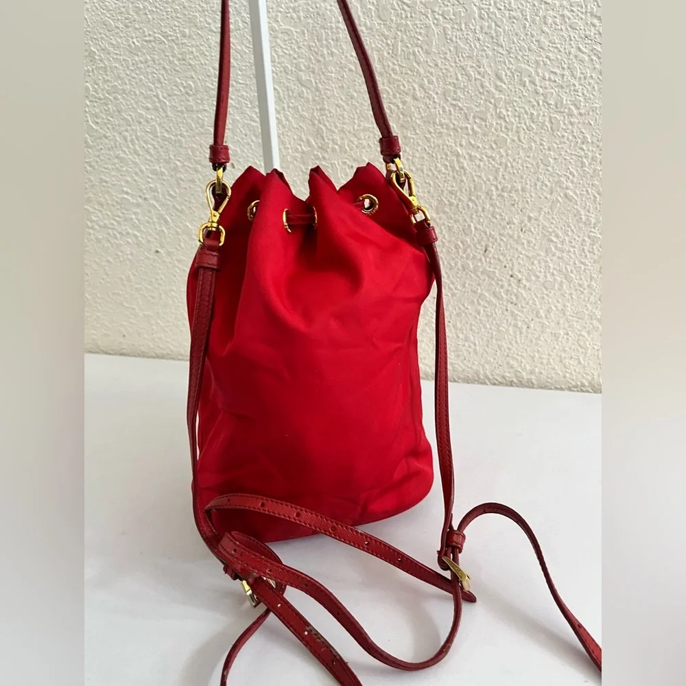 Prada Red Nylon Drawstring Crossbody Bucket Bag with Gold Hardware - Picture 15 of 16